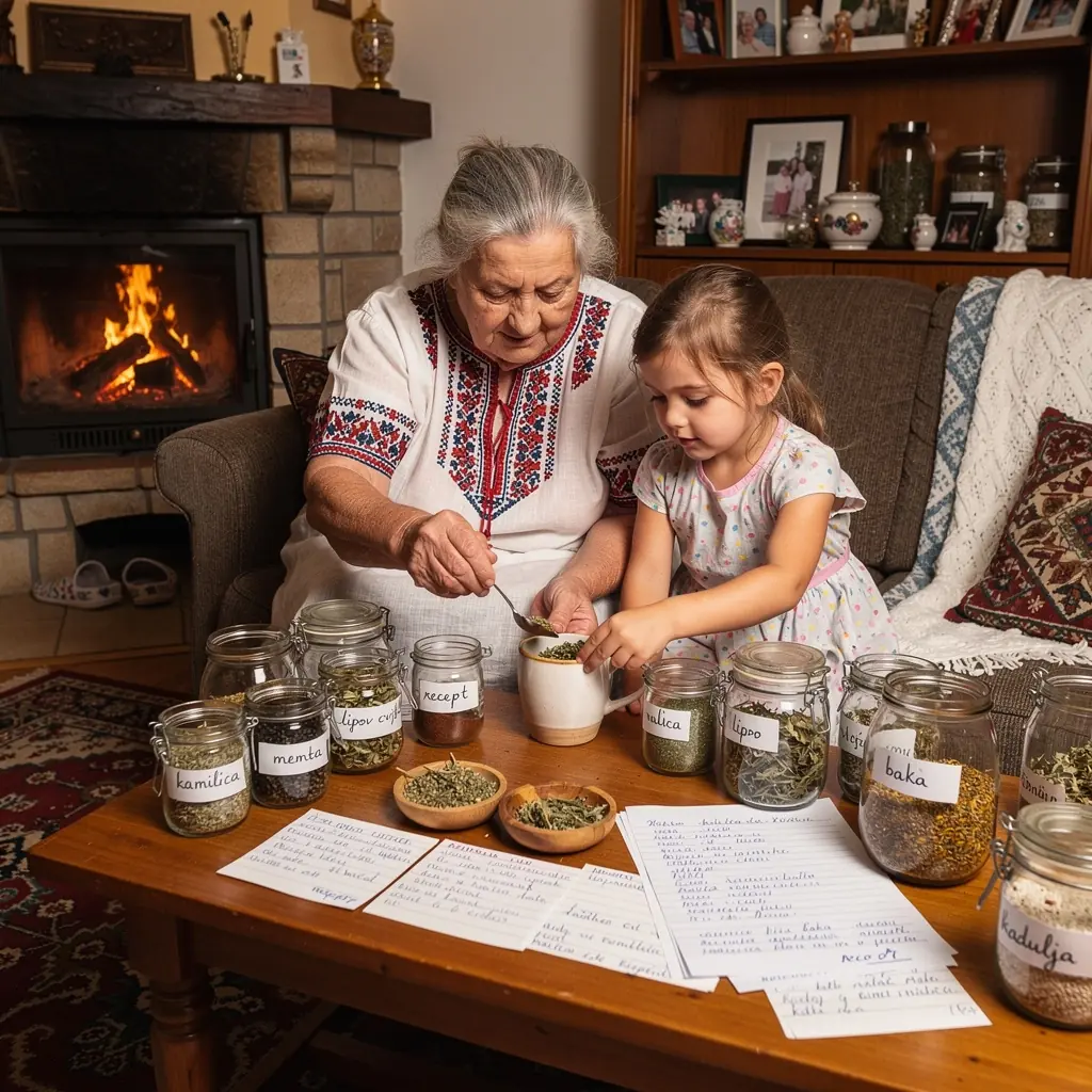 Prikaz raznih biljnih čajeva s prirodnim sastojcima na platnu.