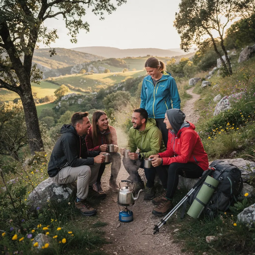 Čajna ceremonija u prirodi s šumom u pozadini.