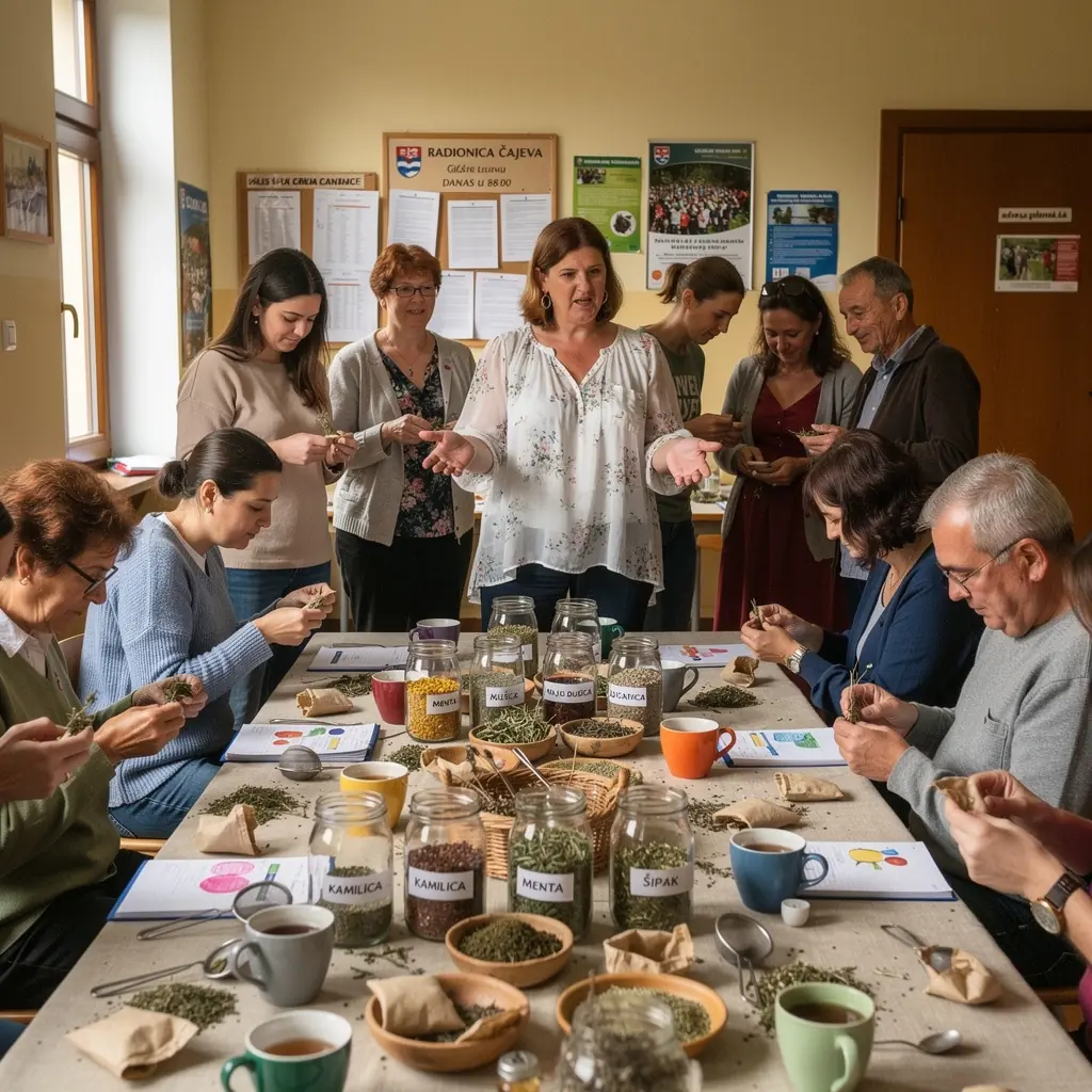 Svježe ubrani listovi mente pored šalice čaja na stolu.