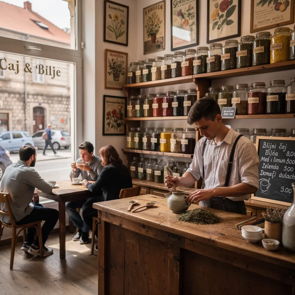 Čajni set sa šalicama i čajnikom, ukrašenim motivima hrvatske kulture.