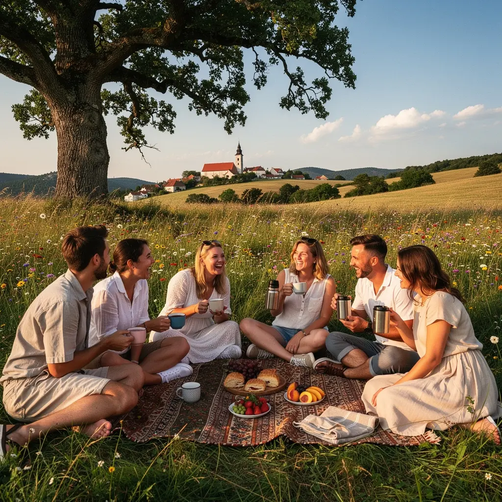 Osobe koje uživaju u čaju u društvenom okruženju, smijeh i veselje.