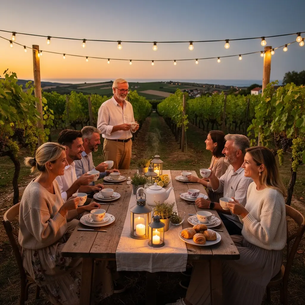 Zeleni čaj s mirisom lavande u šalici na drvenom stolu.